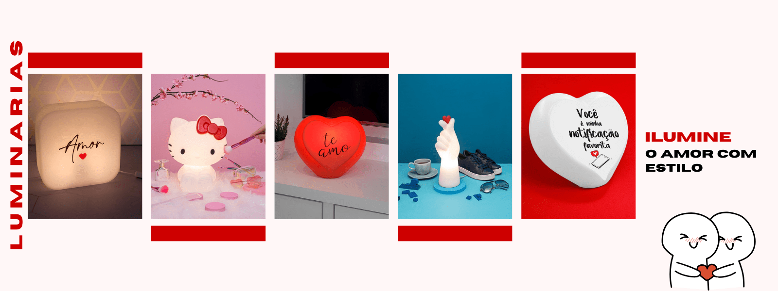 Banner de luminárias decorativas com temas românticos e personagens para presentear no Dia dos Namorados