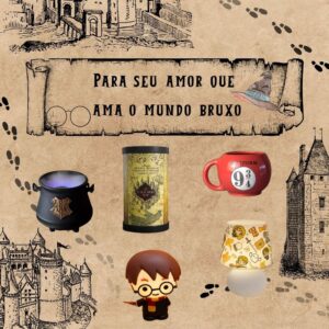 Kit presente inspirado no mundo bruxo com caneca, chaveiro e itens colecionáveis, ideal para fãs de Harry Potter